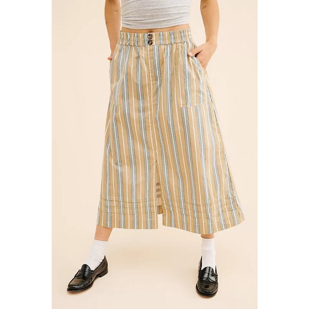 Striped Midi Skirt in Beige and Blue